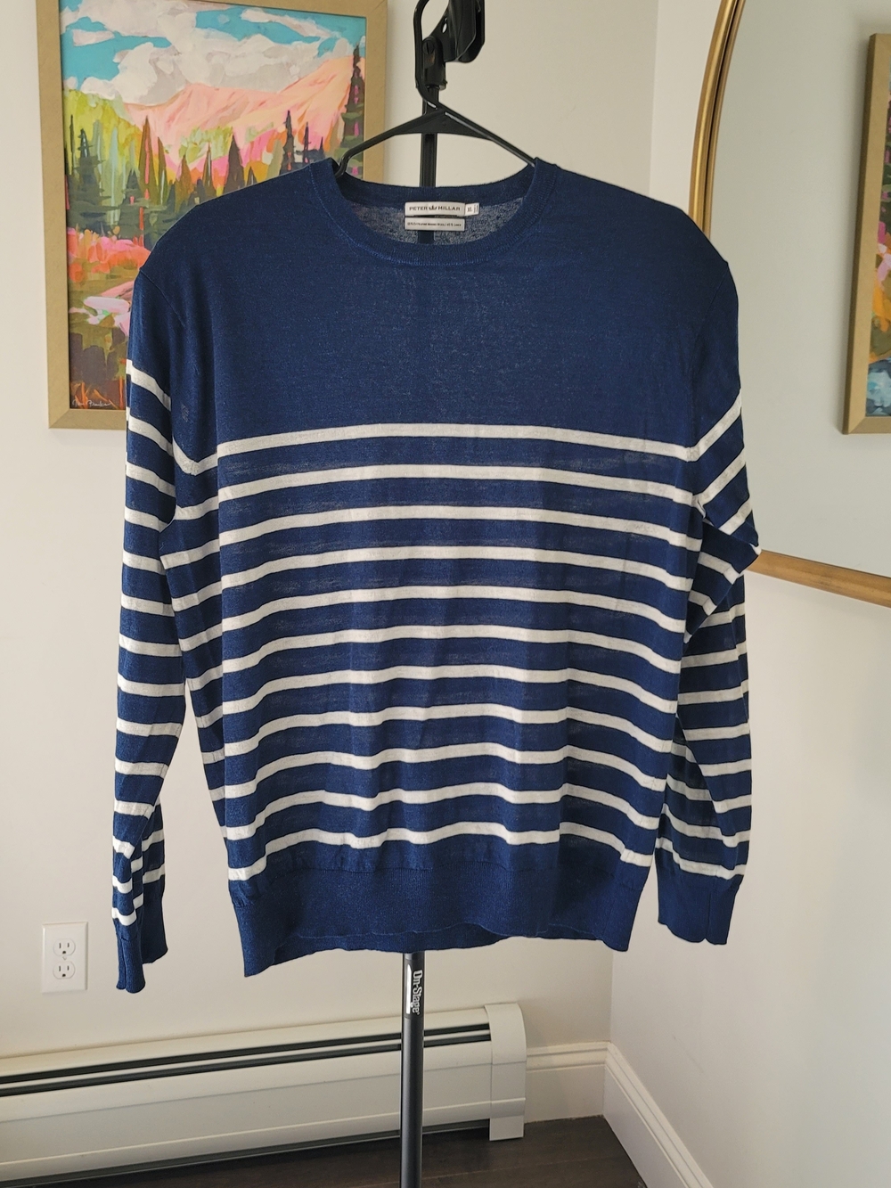 PETER MILLAR Crown Cool Crewneck Wool Linen Blend Blue Stripe Men's Size XL